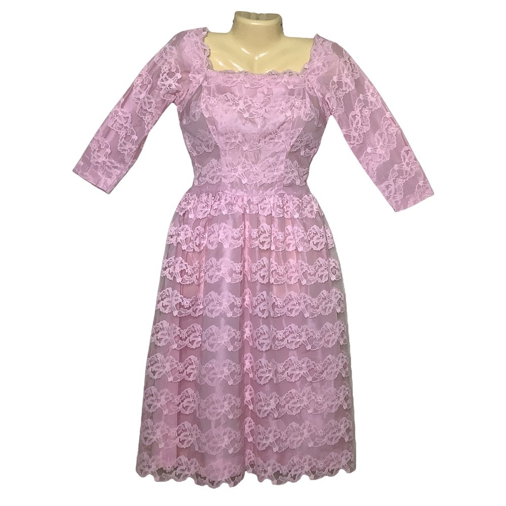 Vintage Lorrie Deb Dress Womens XS Pink Lace 50s 60s Square Neck 3/4 Sleeve MCM